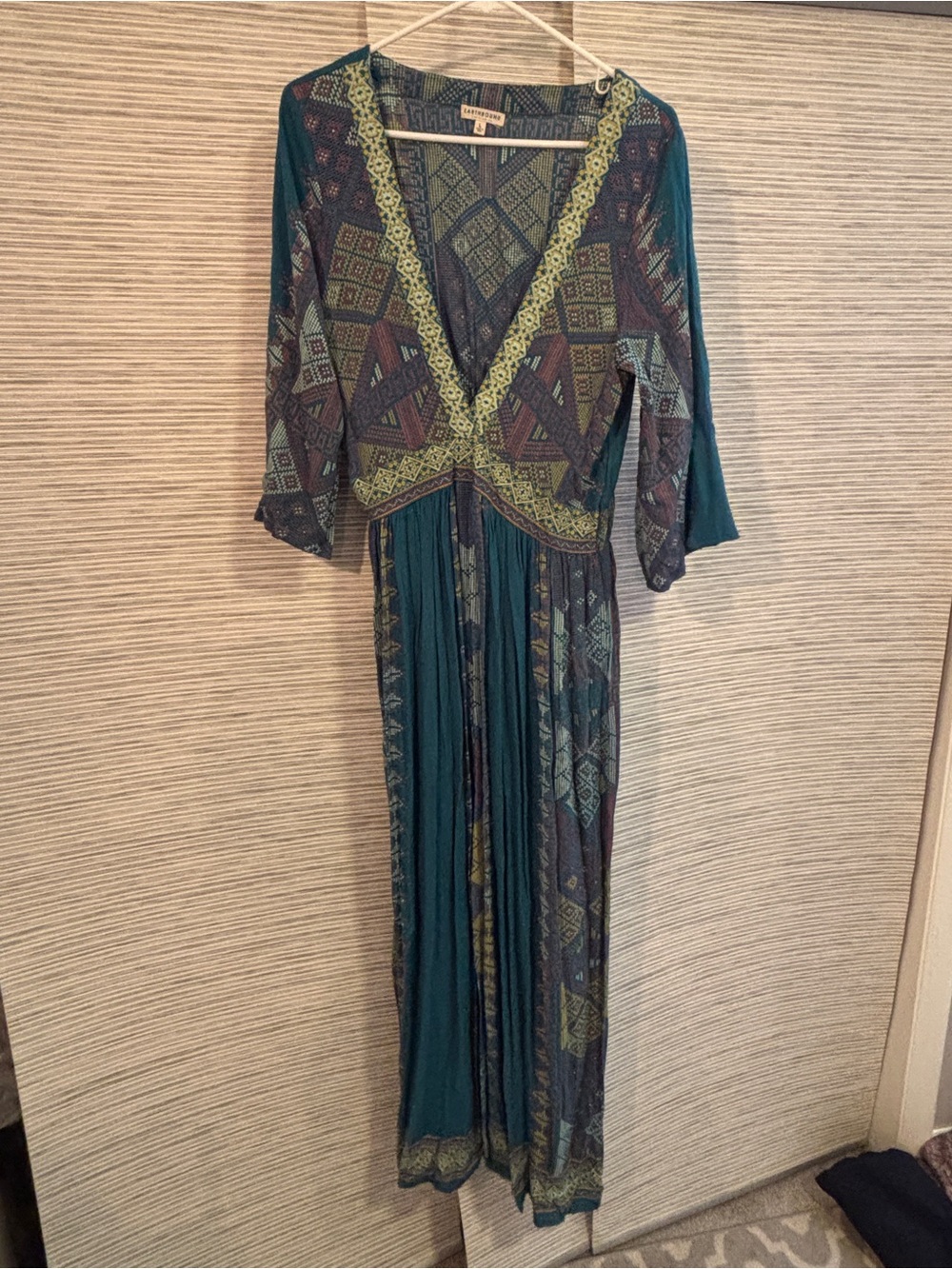 Earthbound Bohemian V-Neck Teal Maxi Dress